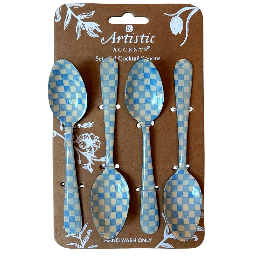 Artistic Accents Checkered Cocktail Spoons Set of 4 Enameled Cream & Blue New